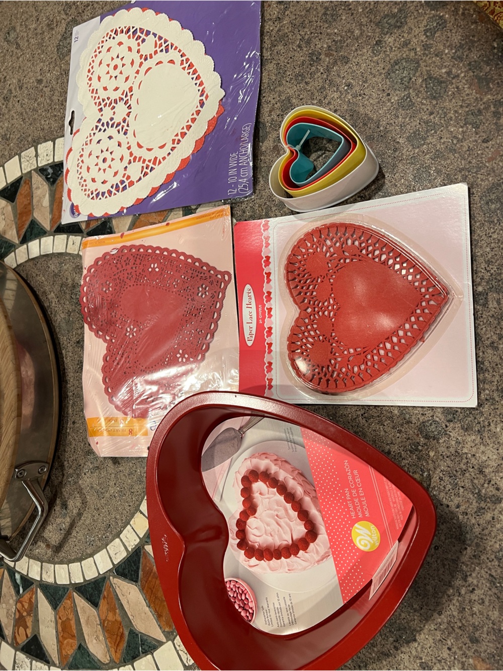 New Heart Shaped Wilton Cake Pan / Paper Lace Doilies, Cookie Cutters